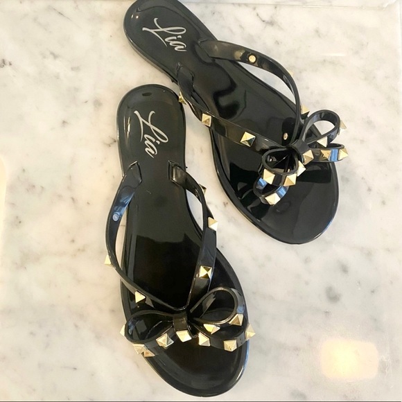 lia Shoes - Lia Gold Studded Bow tie Black Jelly Flip Flops Size 5